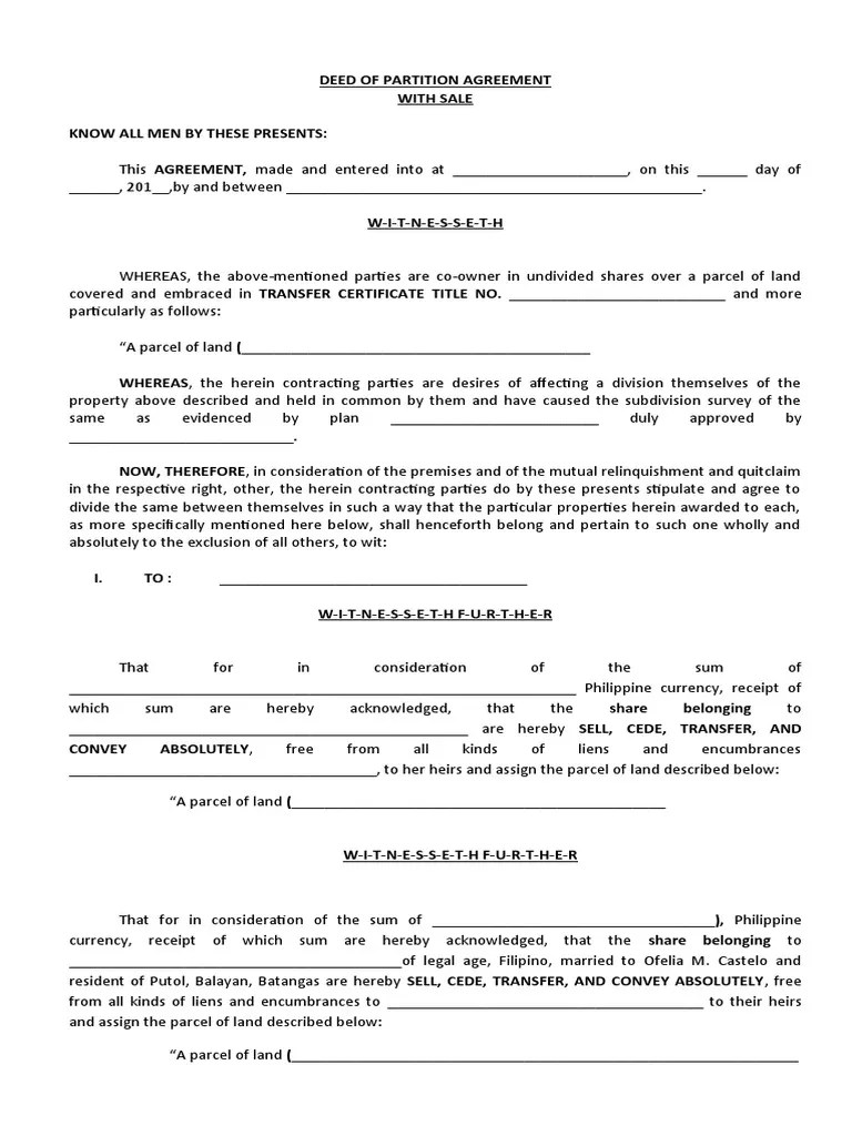 Deed of Partition Agreement With Sale Format PDF Deed Civil Law Law)