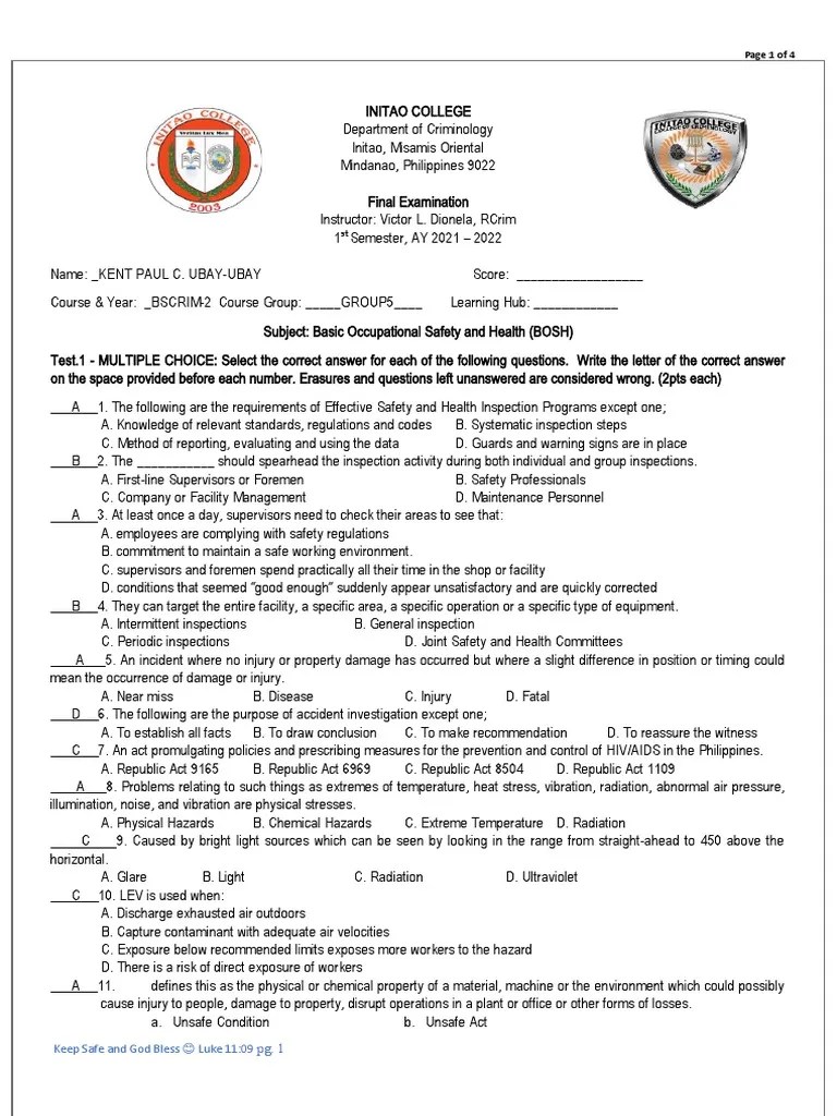 Final Exam | PDF | Occupational Safety And Health | Fires