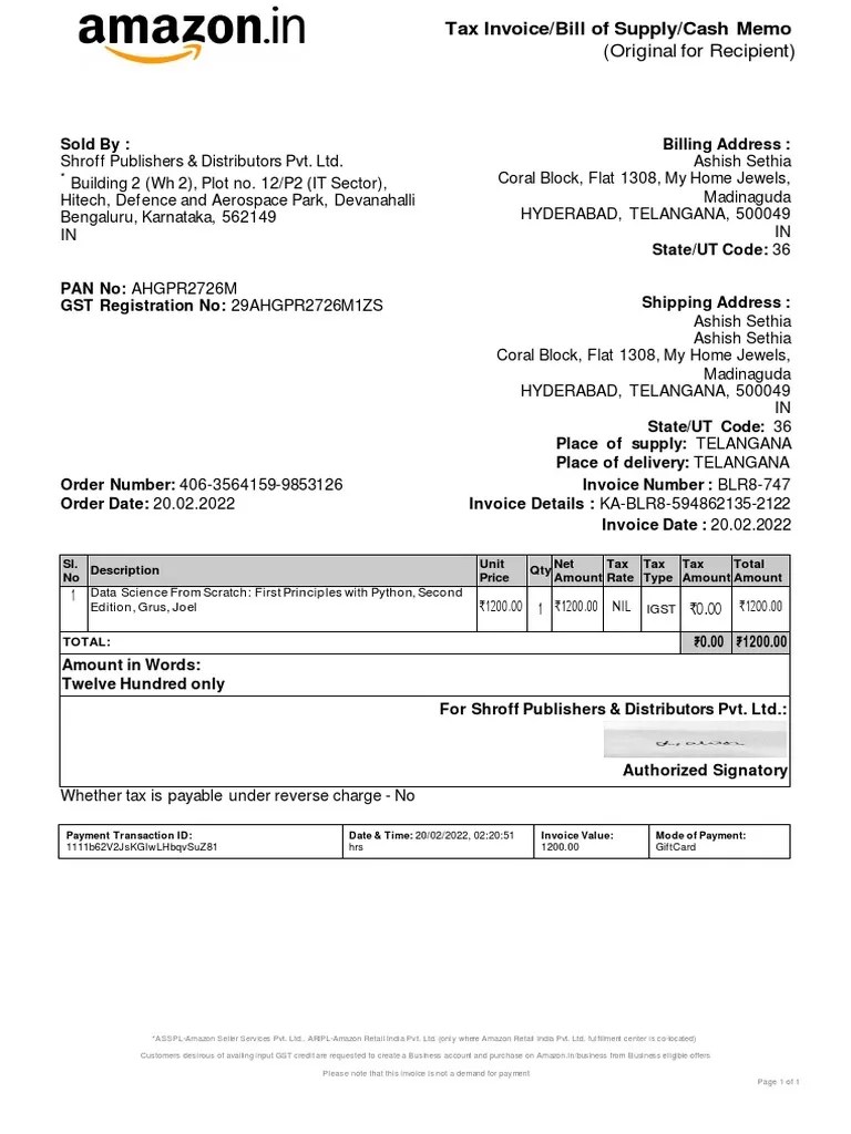 Amazon Bill PDF Invoice Value Added Tax