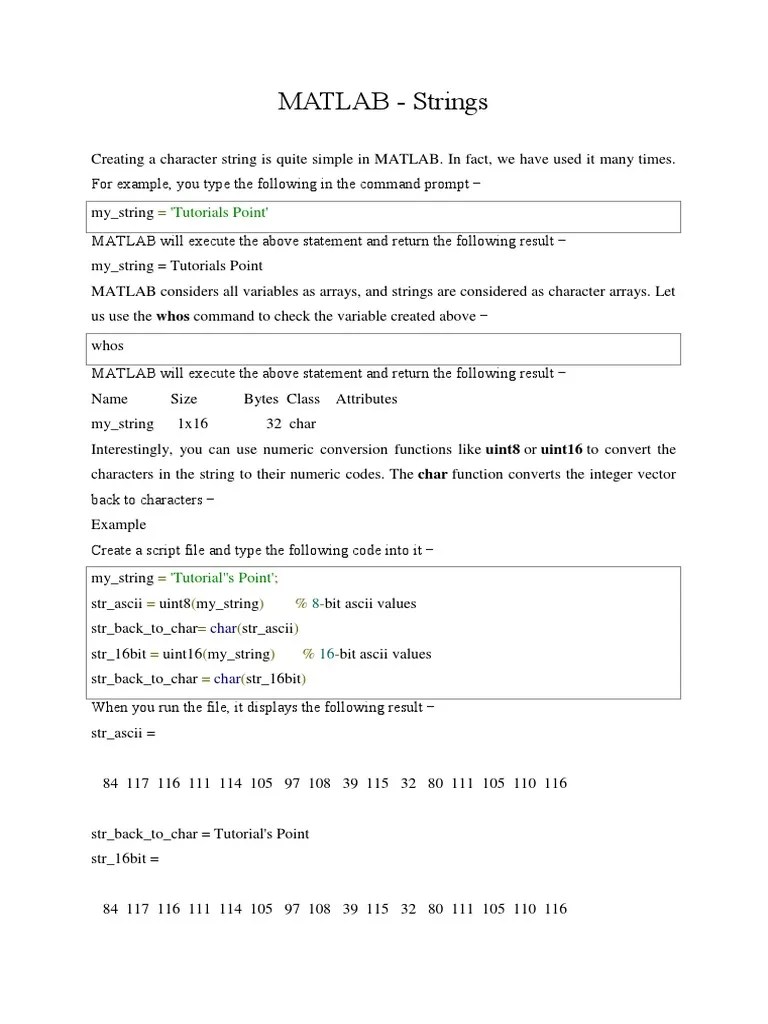 MATLAB Strings 'Tutorials Point' PDF String Science