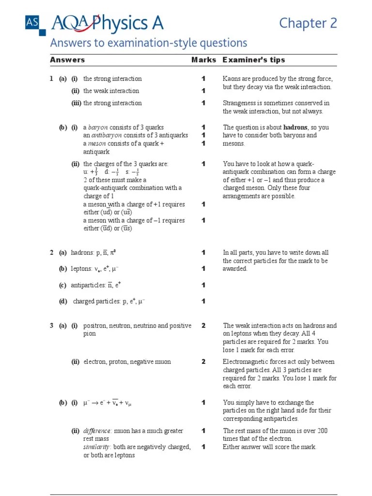 AQA AS Physics A chapter 2 textbook answers Hadron Quark
