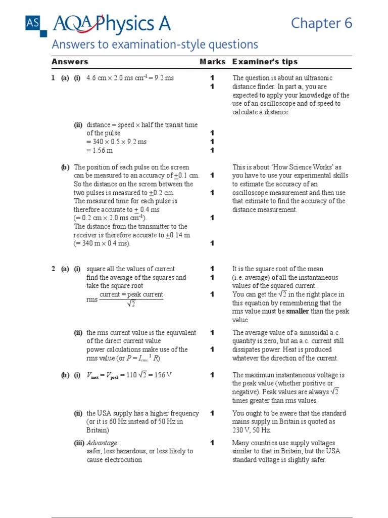 AQA AS Physics A Chapter 6 Textbook Answers Root Mean