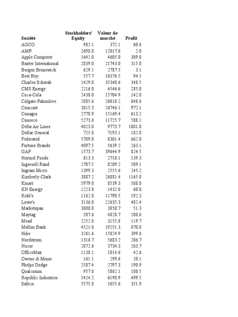 Société Profit Stockholders' Equity Valeur de Marché PDF Publicly