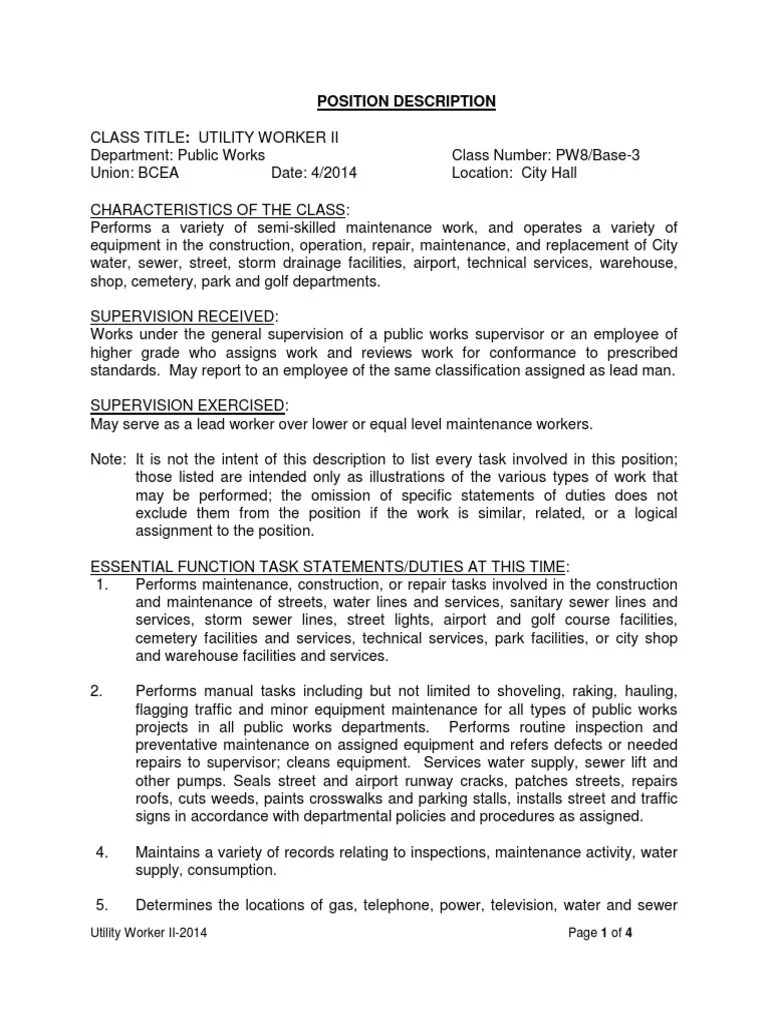 Utility Worker II Position Description PDF