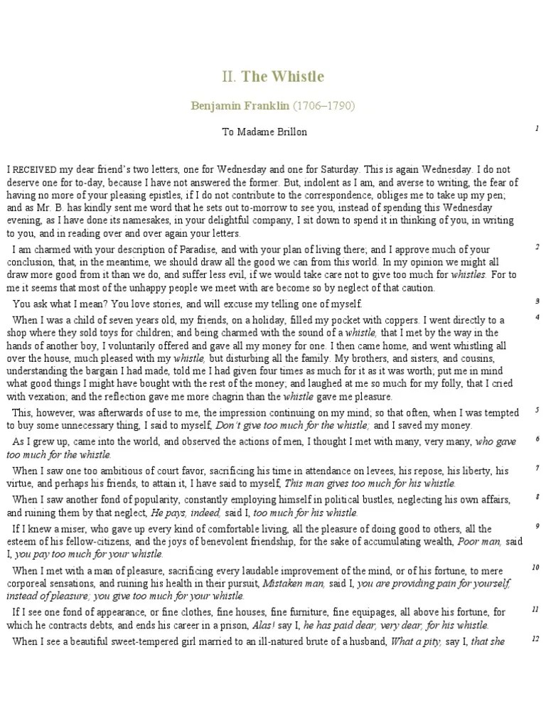 II. The Whistle Benjamin Franklin (17061790) PDF