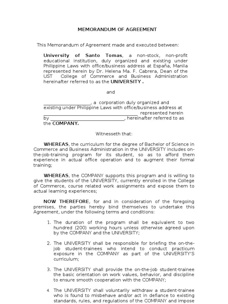 Memorandum of Agreement Template) Employment Government