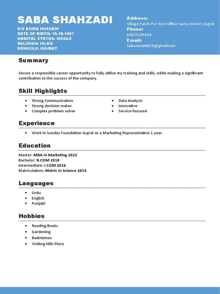 Saba Shahzadi CV PDF