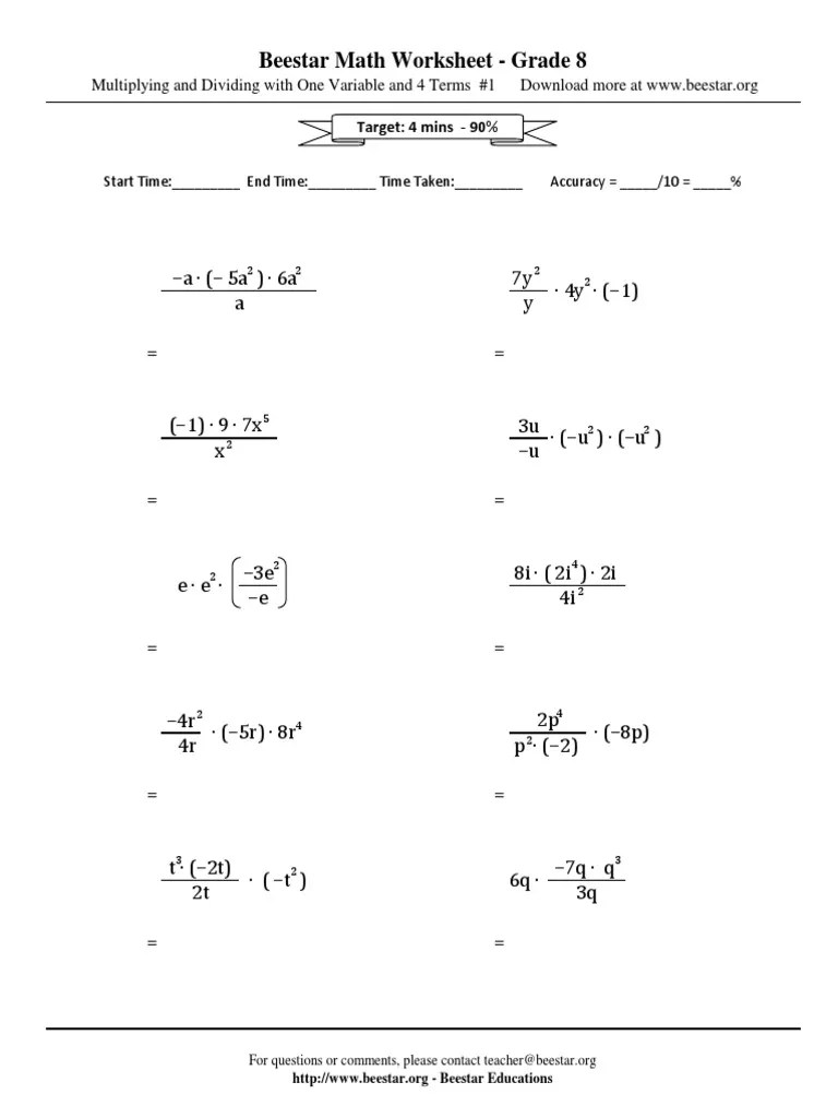 Beestar Math Worksheet Grade 8 7y y A ( 5a) 6a 4y ( 1) A PDF