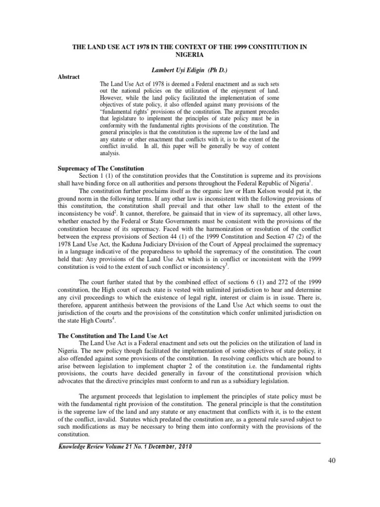 The Land Use Act 1978 in The Context of The 1999 Constitution in Nigeria PDF Constitution