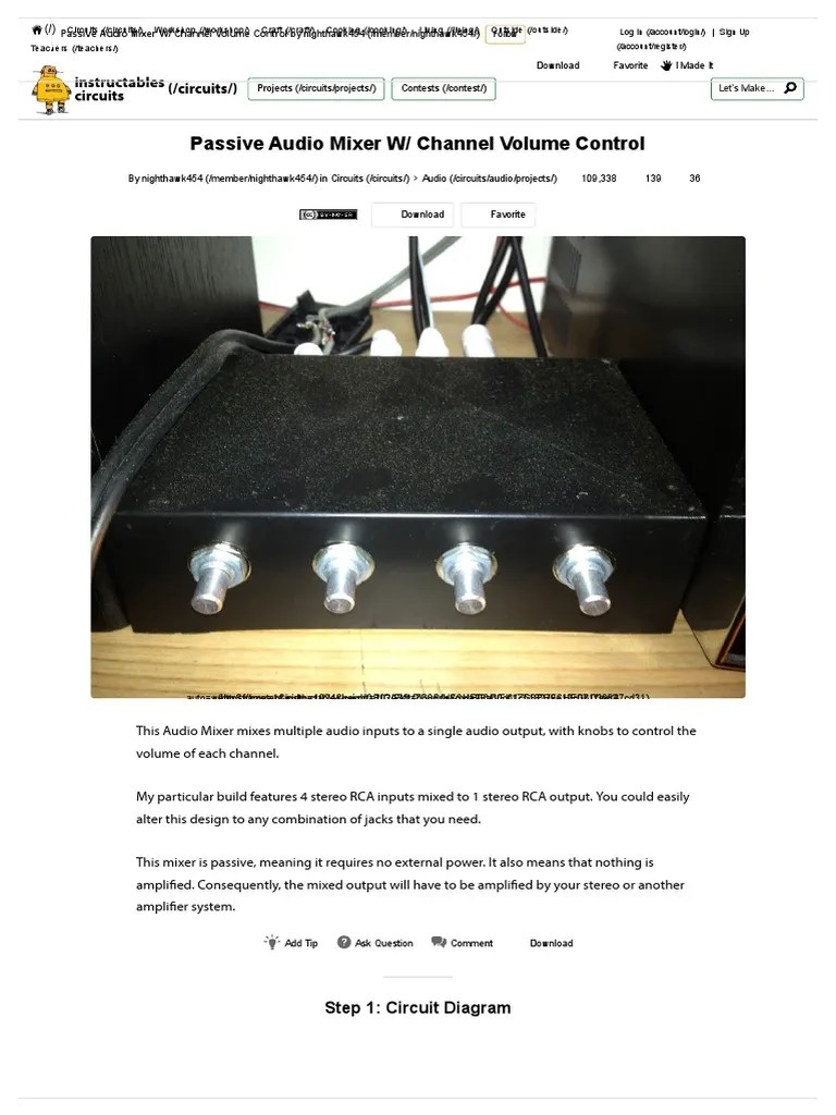 Passive Audio Mixer W Channel Volume Control 6 Steps