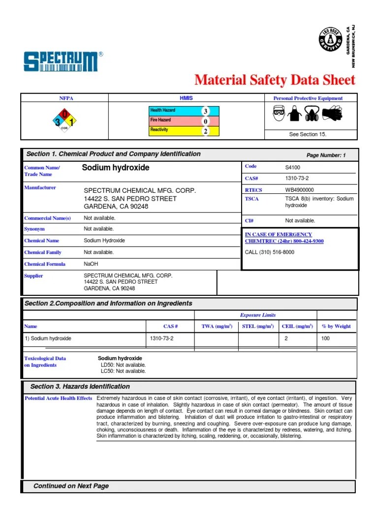 Material Safety Data Sheet Sodium Hydroxide PDF Toxicity Water