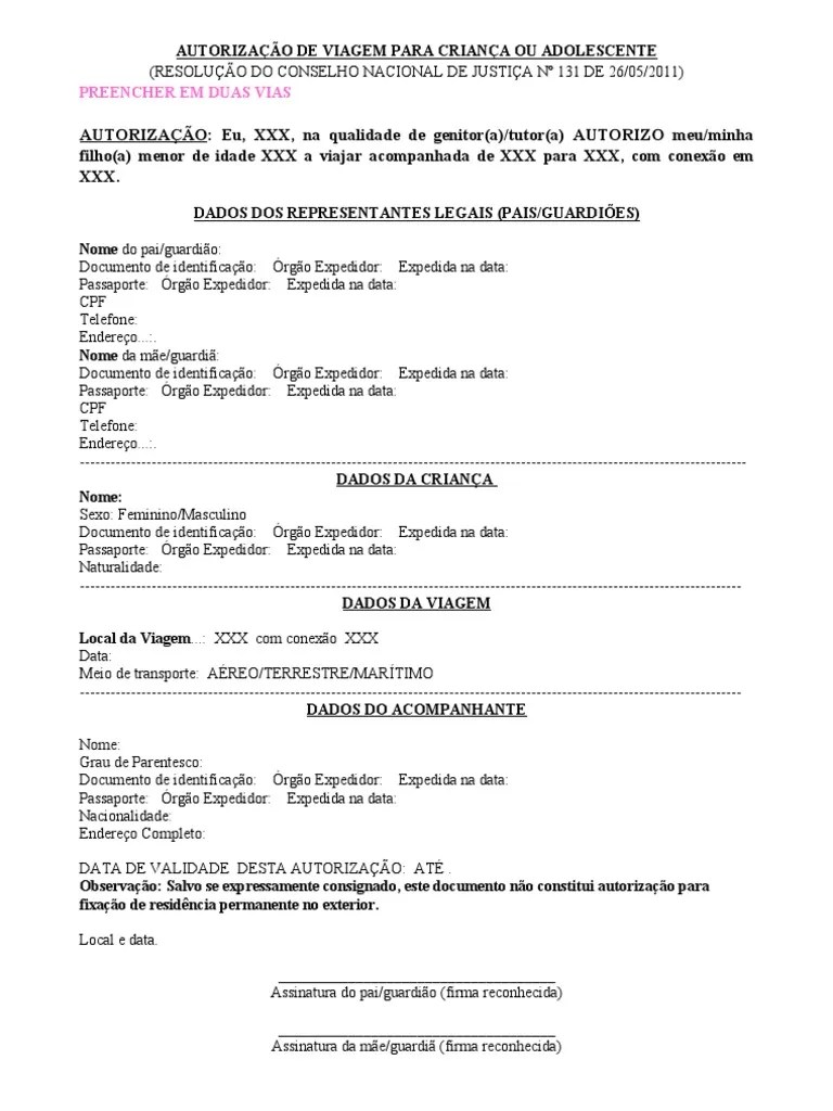 modelo autorização viagem menor