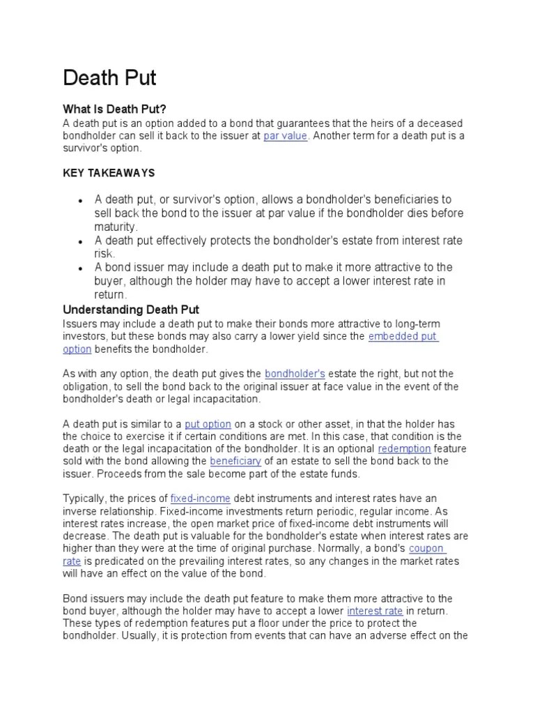 Death Put PDF Bonds (Finance) Fixed