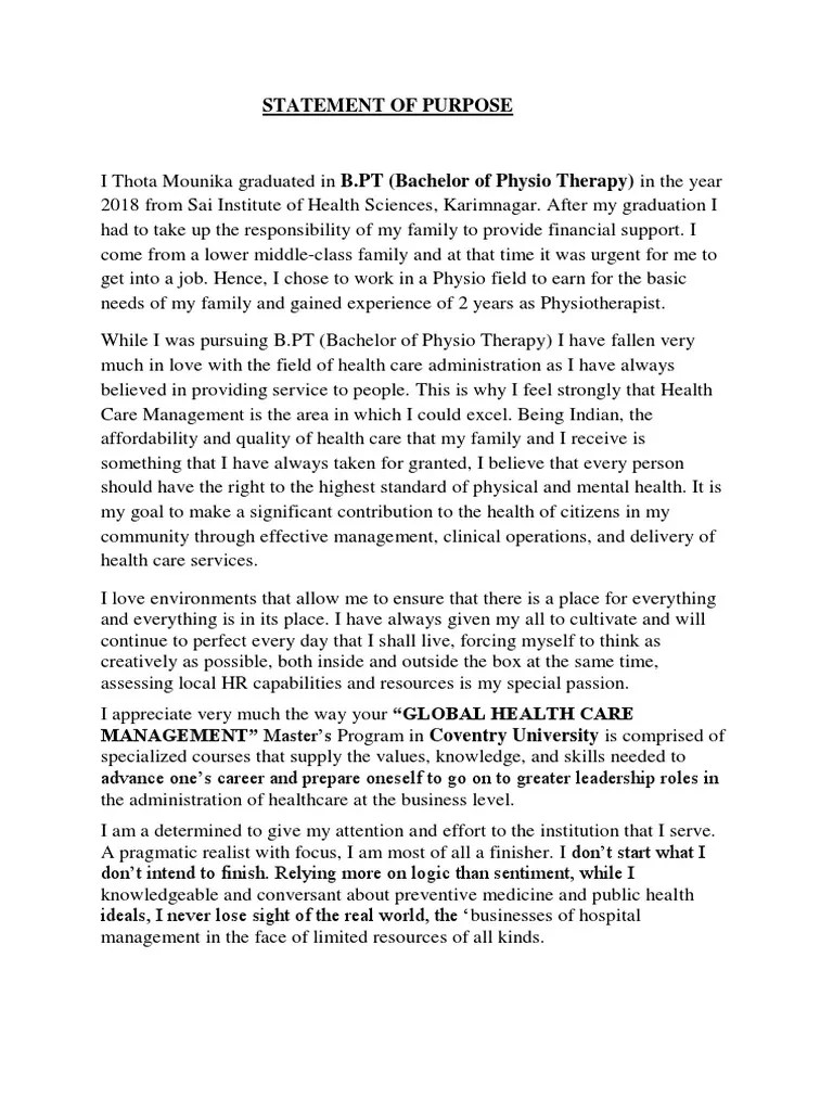 A Passion for Healthcare Administration Statement of Purpose for