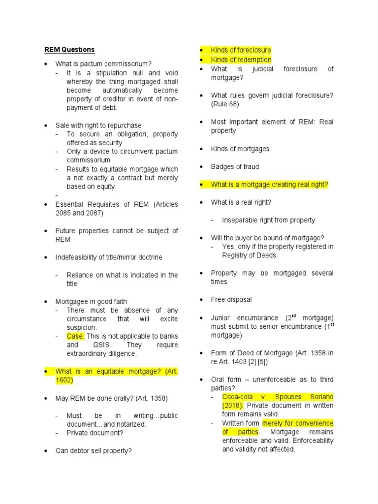 REM Questions PDF Mortgage Law Foreclosure