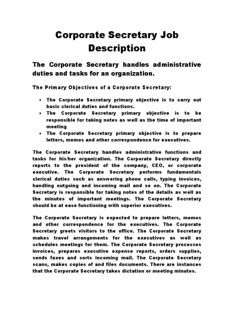 Corporate Secretary Job Description