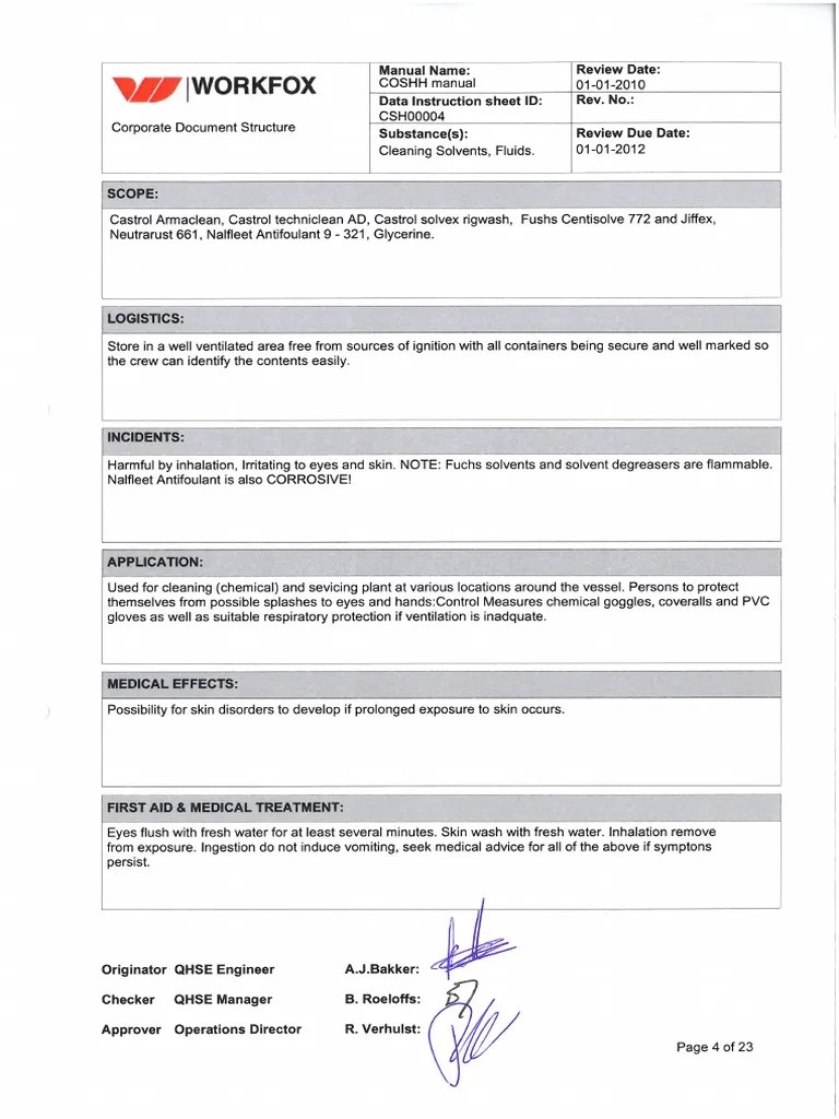 COSHH Sheet 4 Cleaning Solvents, Fluids PDF