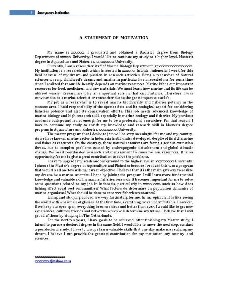 Motivation Letter Example Academic Degree Resource