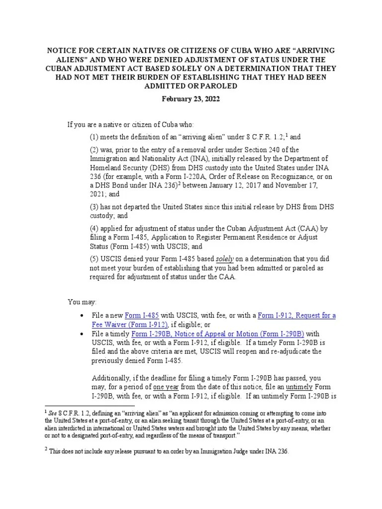 USCIS Notice For Cuban Adjustment Act Parole PDF Government