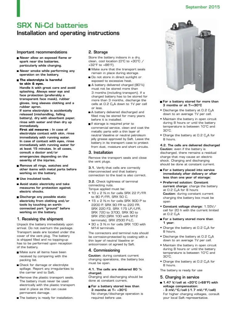 SRX NiCd Batteries Installation and Operating Instructions PDF