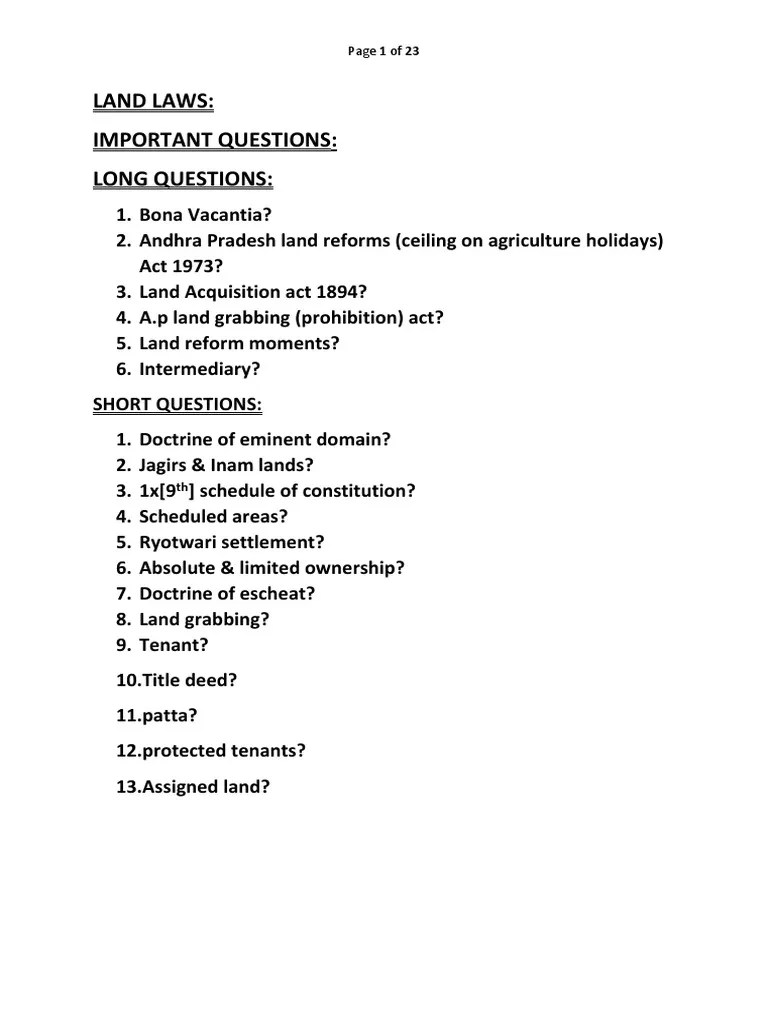 Land Laws Important Questions Long Questions Page 1 of 23 PDF Leasehold Estate Eminent