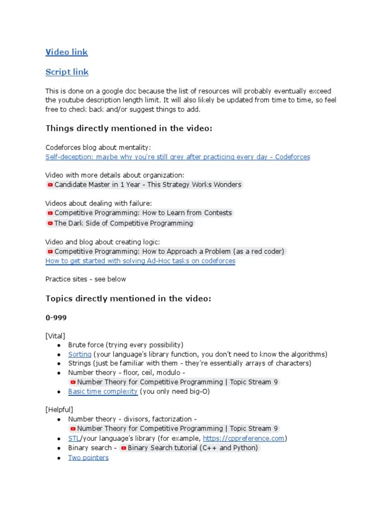 Video Link Script Link Things Directly Mentioned in The Video PDF Combinatorics Dynamic