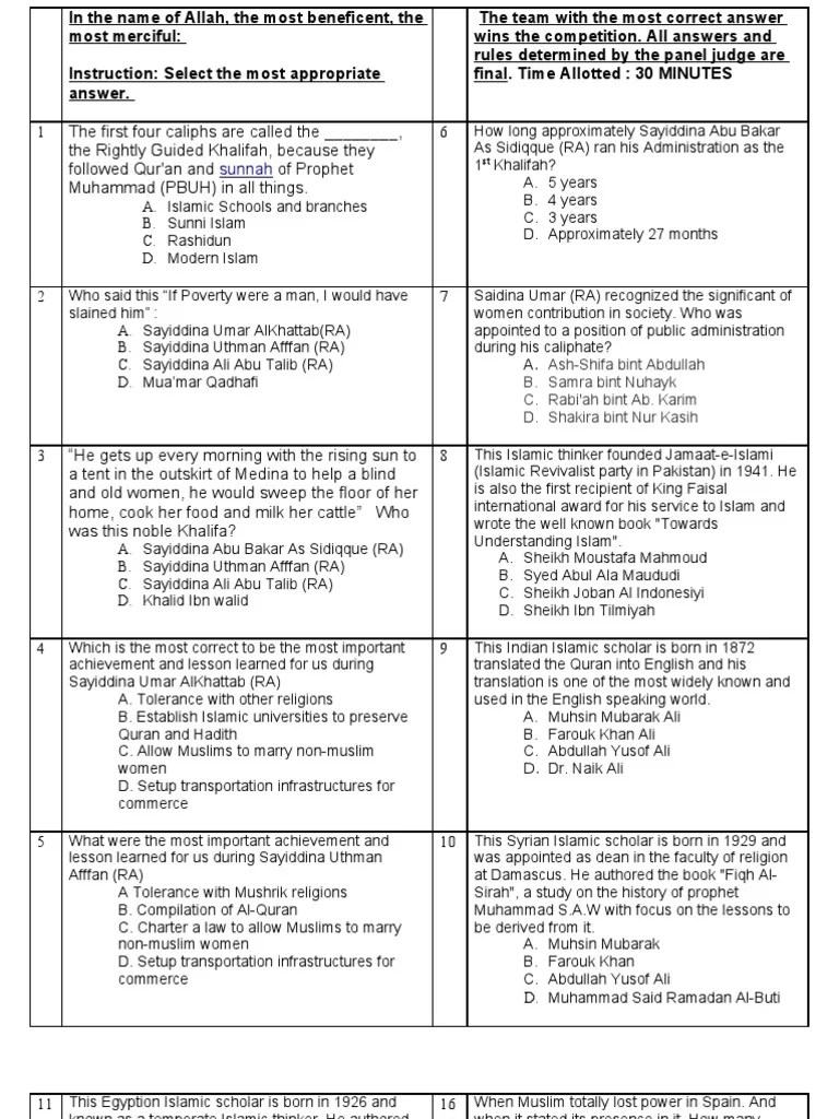 Picnic Quiz Final PDF Caliphate Religious Faiths