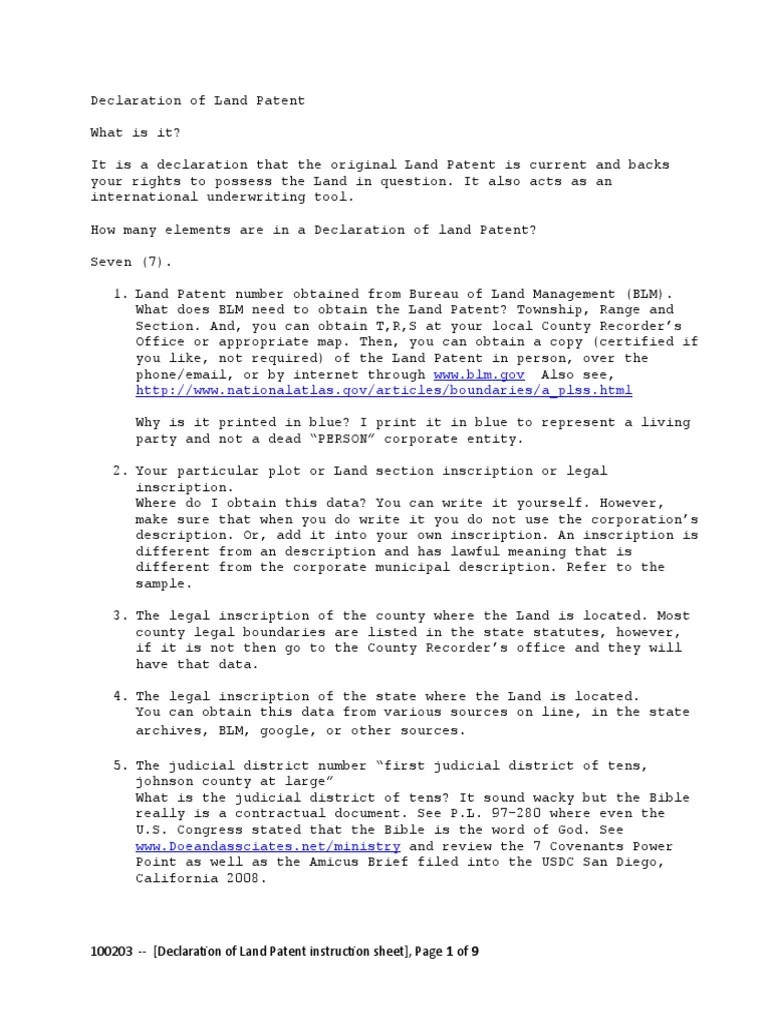 Declaration of Land Patent Instruction Sheet PDF Patent