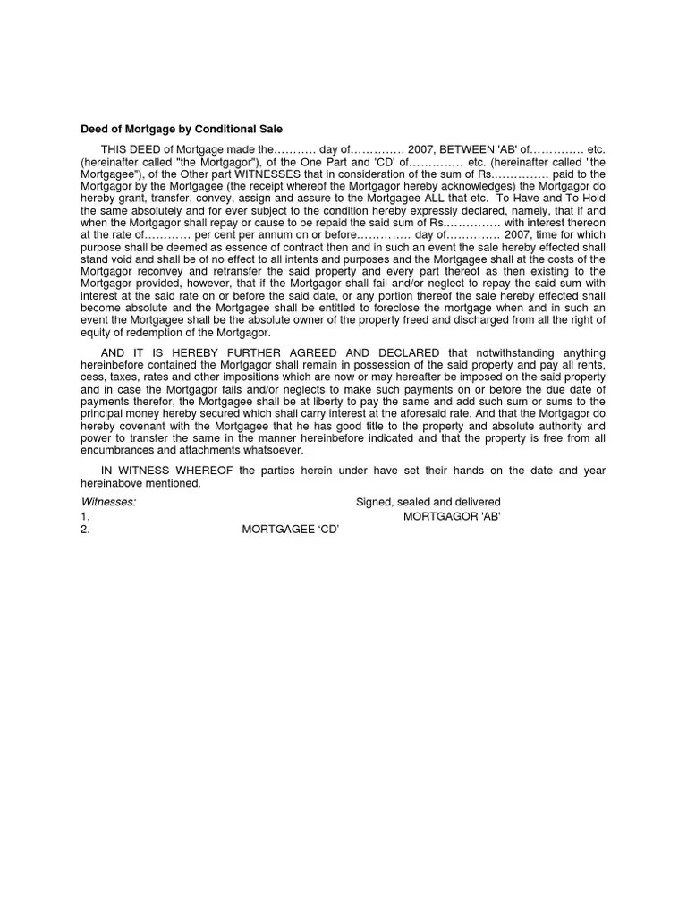 Deed of Mortgage by Conditional Sale Between 'AB' and 'CD' Detailing