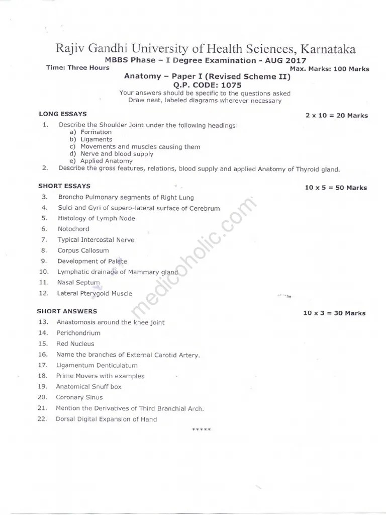 1st Year MBBS Question Papers RGUHS 2017 PDF