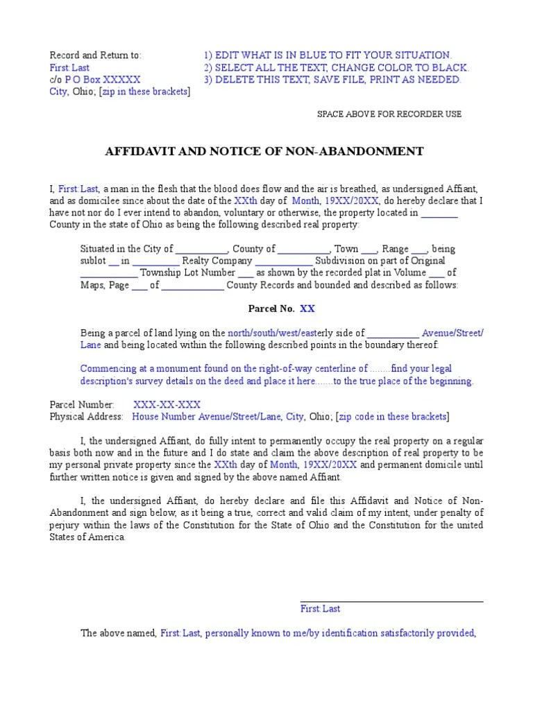 Ohio Affidavit Notice NonAbandonment Affidavit Land Lot