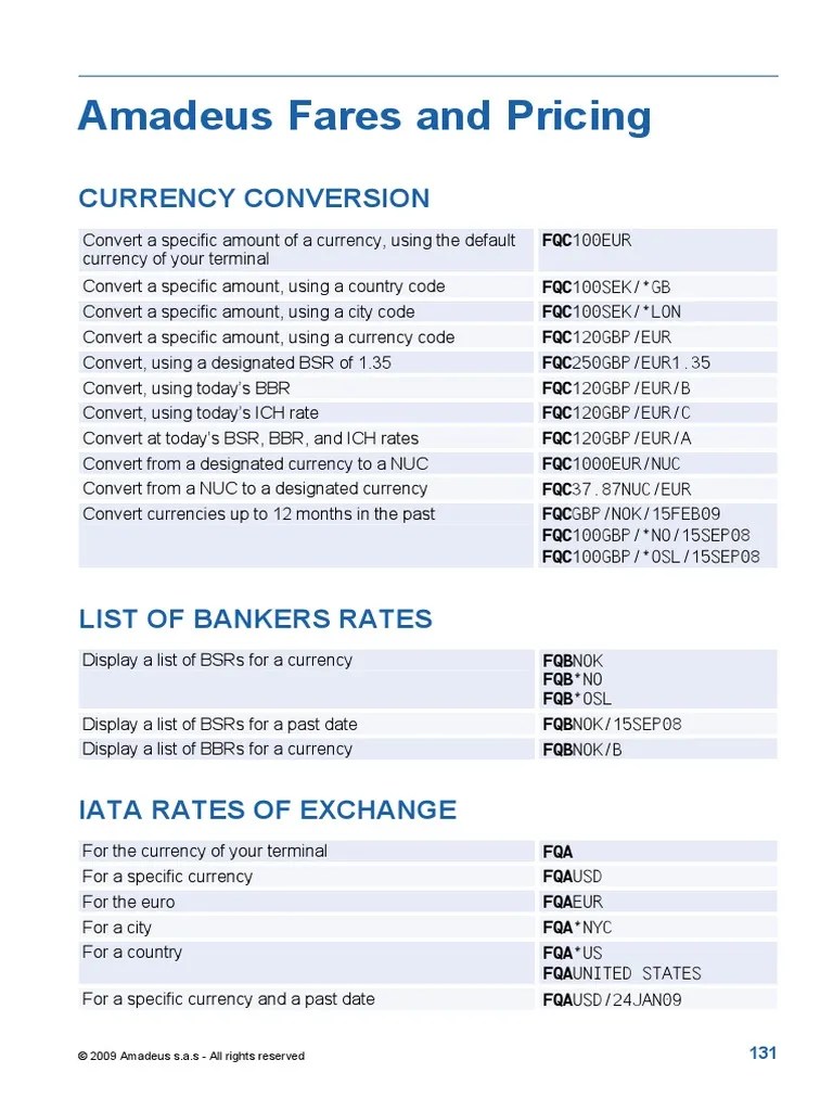 Amadeus Fares and Pricing Currency Conversion PDF Euro Airlines