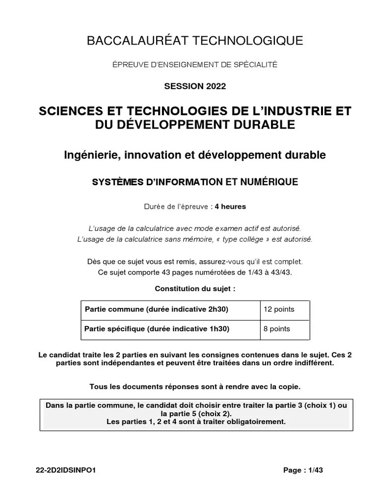 BAC STI2D 2022 Systèmes D'information Et Numérique Polynésie PDF