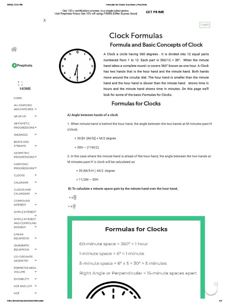 Formulas For Clocks Questions PrepInsta PDF Geometry Clock
