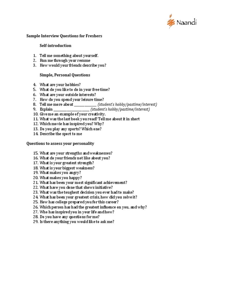 Sample Interview Questions For Freshers SelfIntroduction PDF