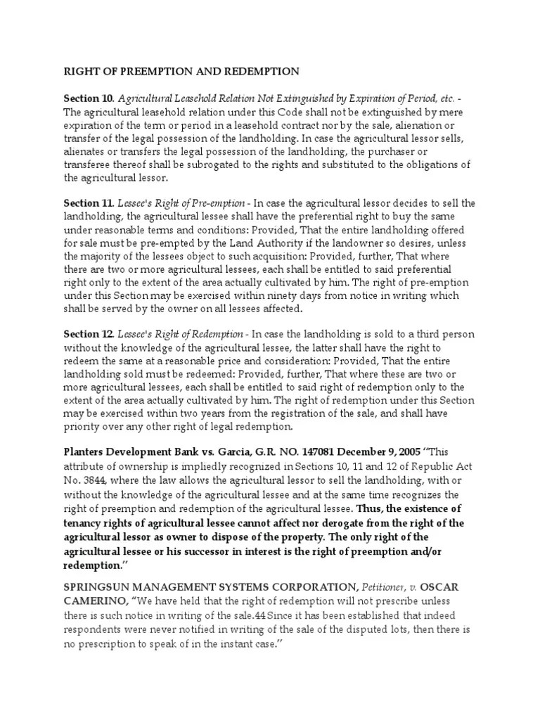 Right of Redemption and PreEmption Tenant PDF Lease Leasehold Estate