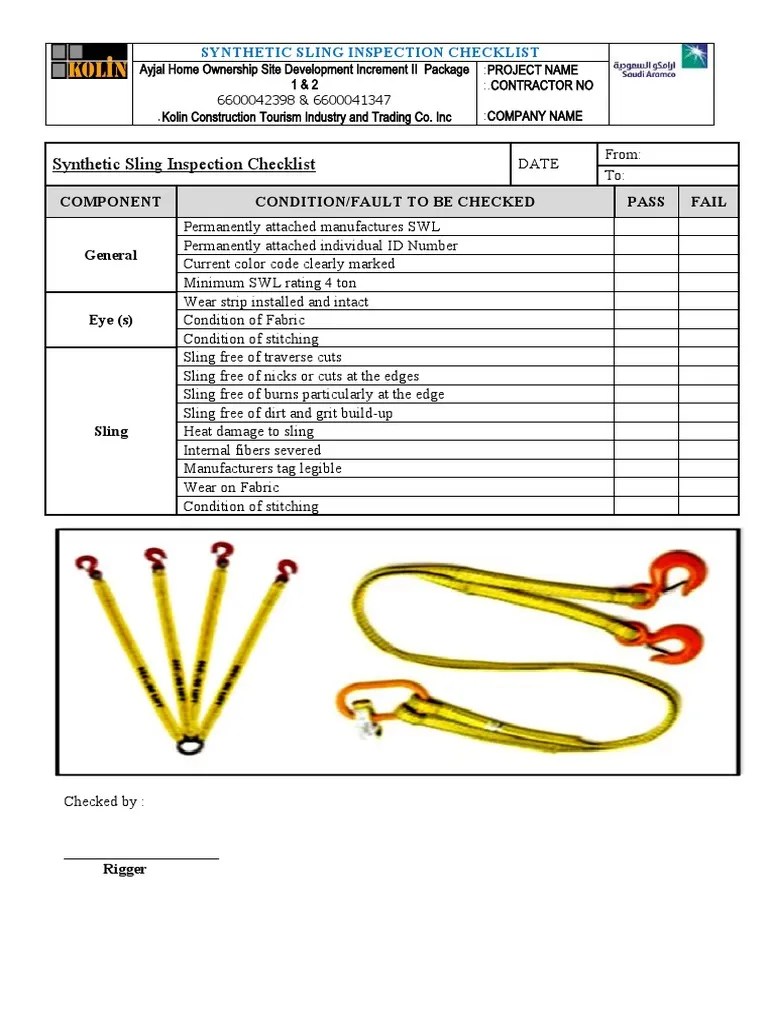 FC 4.1.6 Synthetic Sling Inspection Checklist Form PDF