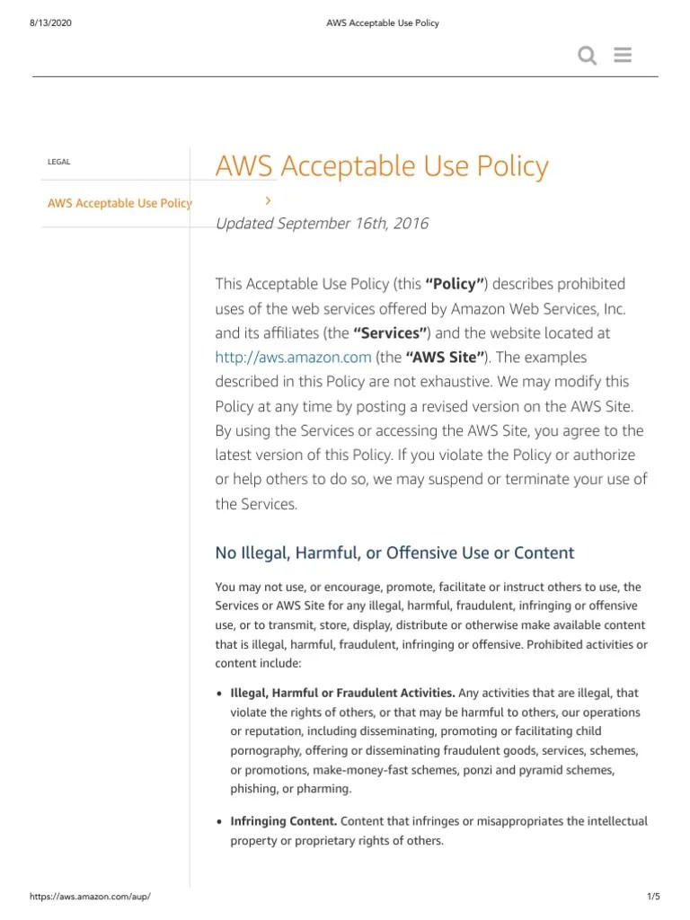 AWS Acceptable Use Policy No Illegal, Harmful, or Offensive Use or