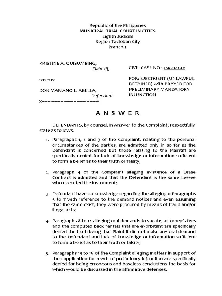 Answer Unlawful Detainer PDF Lawsuit Complaint