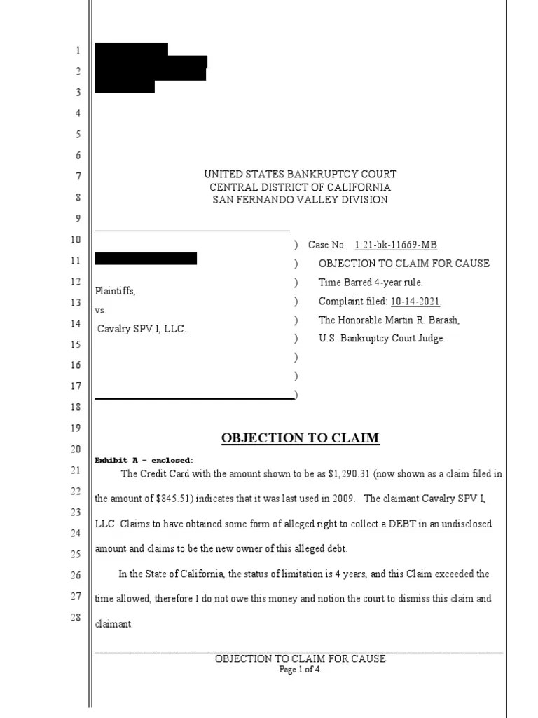 PDF SAMPLE Successful Form of Objection To UNSECURED Claim in CA