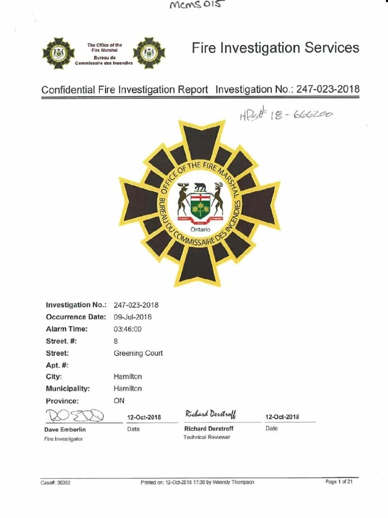 Fire Marshal Report From Dundas Arson Murders PDF