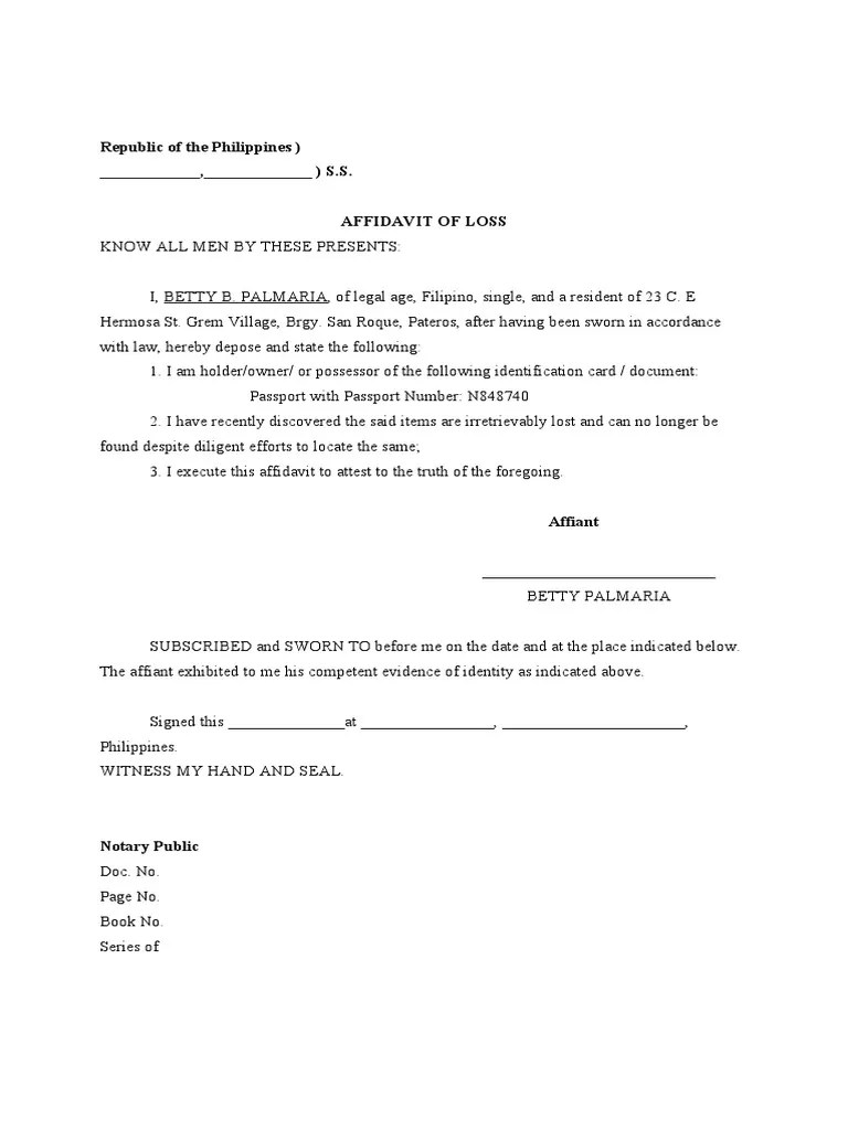 SampleAffidavit of Loss Passport PDF