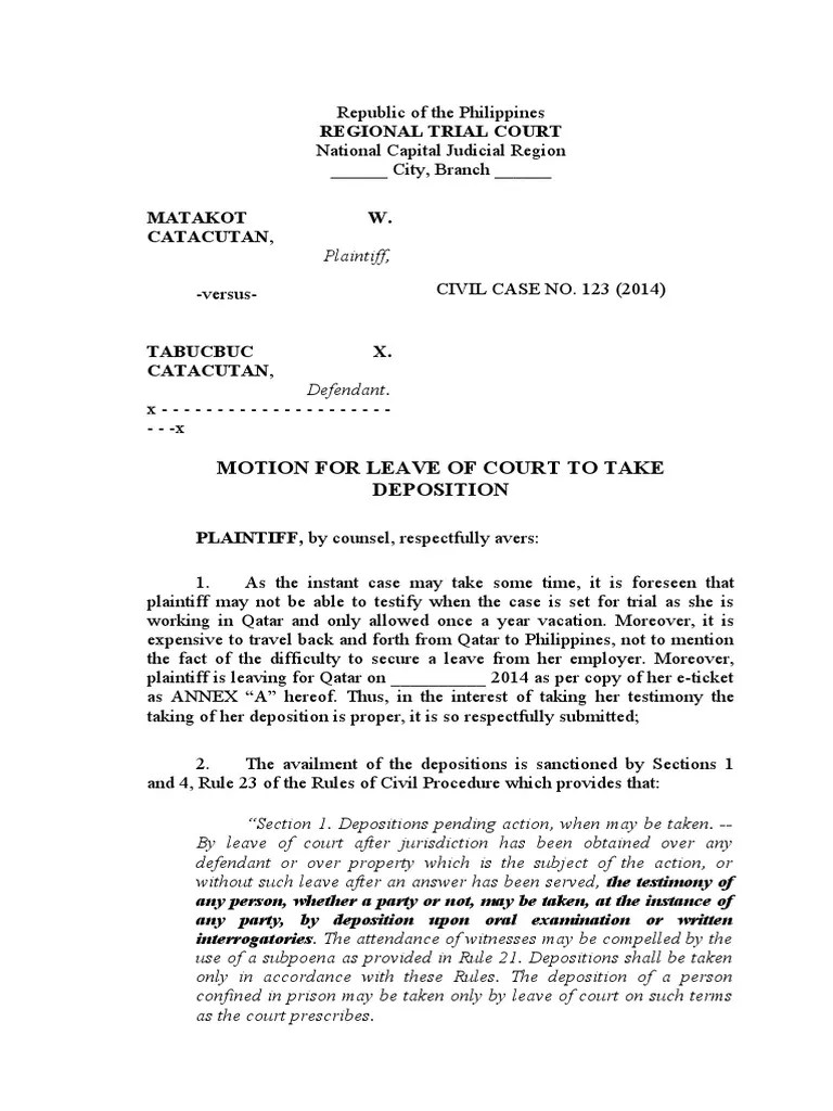 Motion For Leave of Court To Take Deposition PDF Deposition (Law