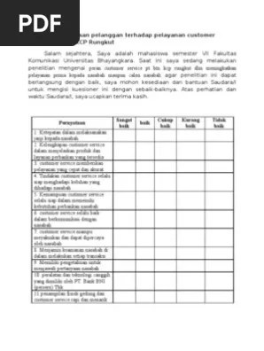 Kuesioner Kepuasan Pelanggan Terhadap Pelayanan Customer Service PT BTN KCP  Rungkut | PDF