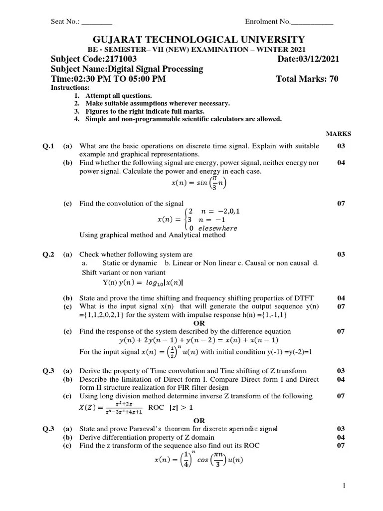 GTU Digital Signal Processing Exam Questions PDF Discrete Fourier Transform Mathematical