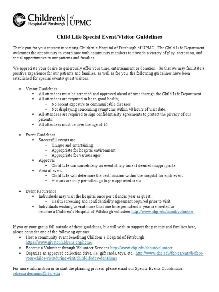Child Life Special Events Guidelines PDF Hospital Volunteering