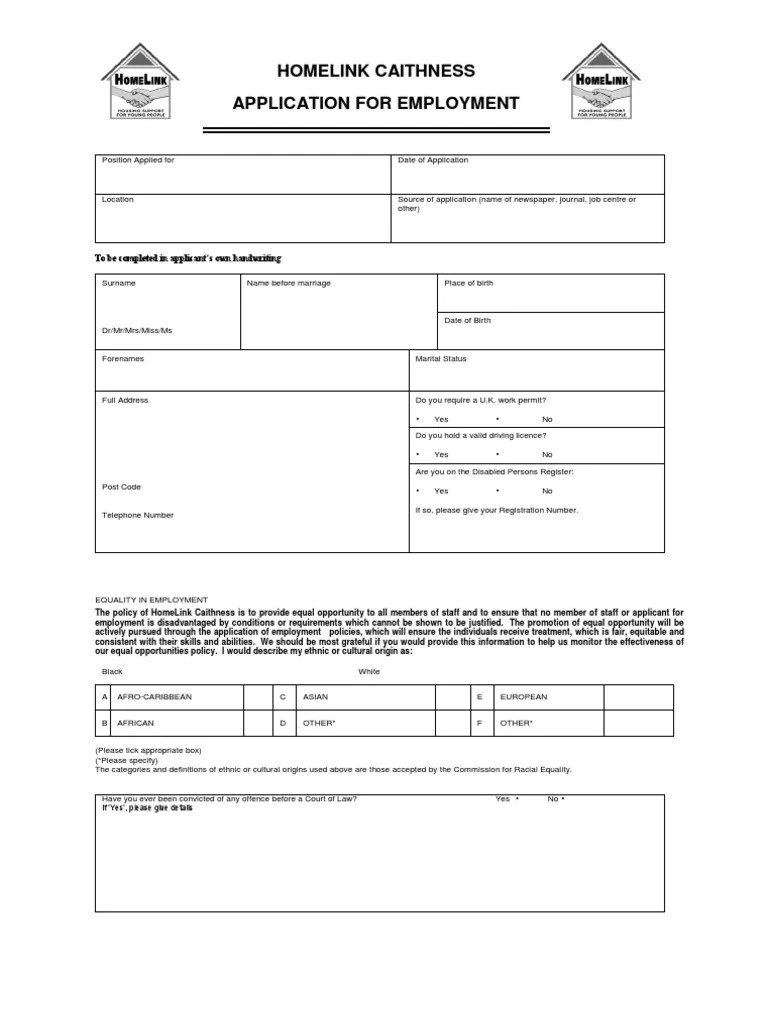 Homelink Application Form Equal Opportunity Race And Ethnicity In