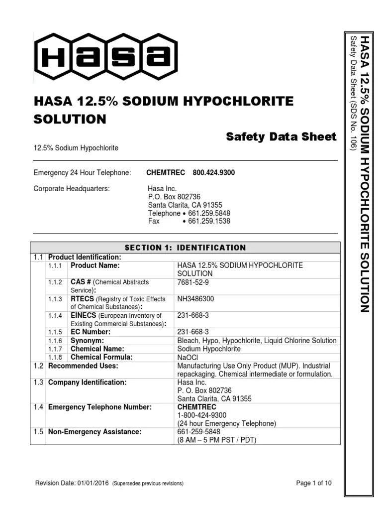 Hasa 12.5 Sodium Hypochlorite Solution Safety Data Sheet PDF