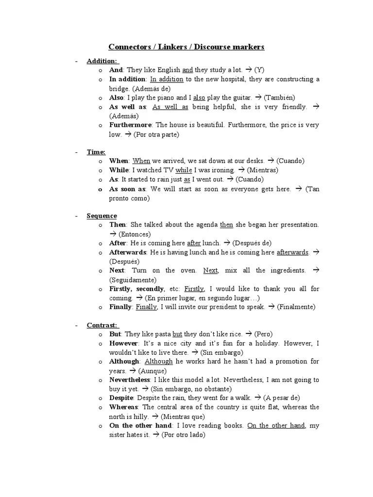 Connectors / Linkers / Discourse Markers Addition PDF