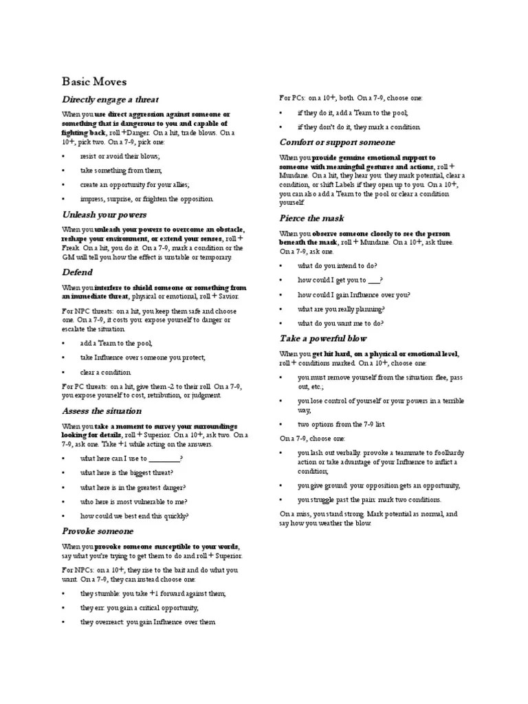 Masks Common Moves PDF